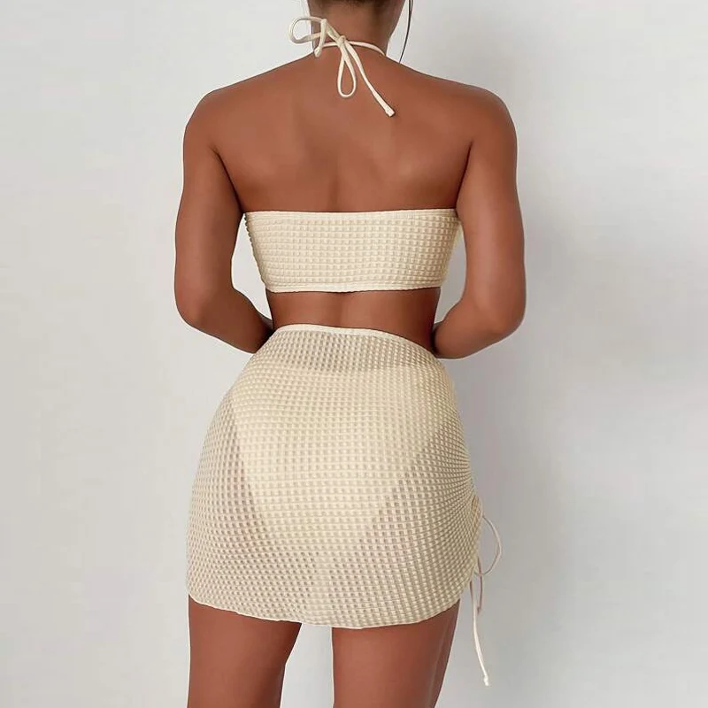 3 Piece Bikini Suit Beige Color Sexy Hang neck Swimwear Female Side Draw rope Skirt Women Beach suit