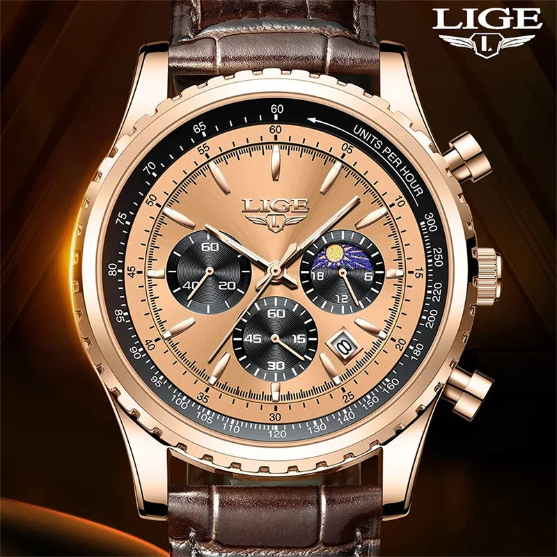 LIGE Herren-Luxusuhr, weiches Lederarmband, Datum, Sport, Quarzuhren, modisch, sechs Zeiger, wasserdicht, Chronograph, Business-Herrenuhr