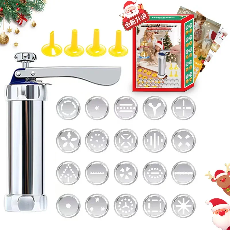Cookie Cream Piping Gun, Aluminum Alloy Piping Nozzle 20 Pieces Molten Bean Squeezer Bag Cookie Gun