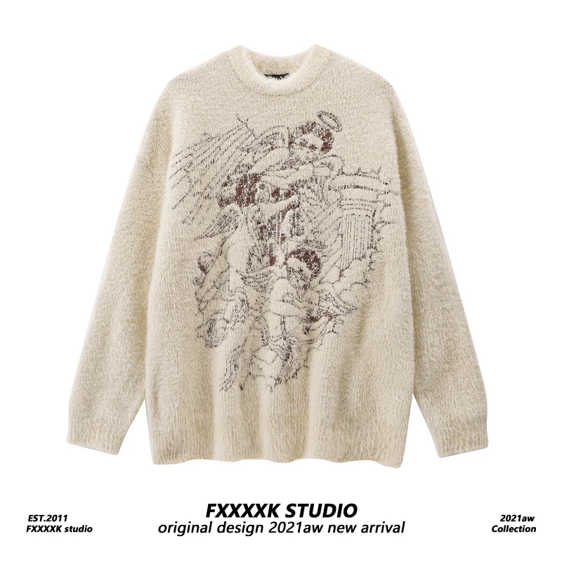 

FXK Original American Retro Creative Embroidered round Ne Sweater Men Women Autumn Winter Hip Hop Cool Couple Knitted irt