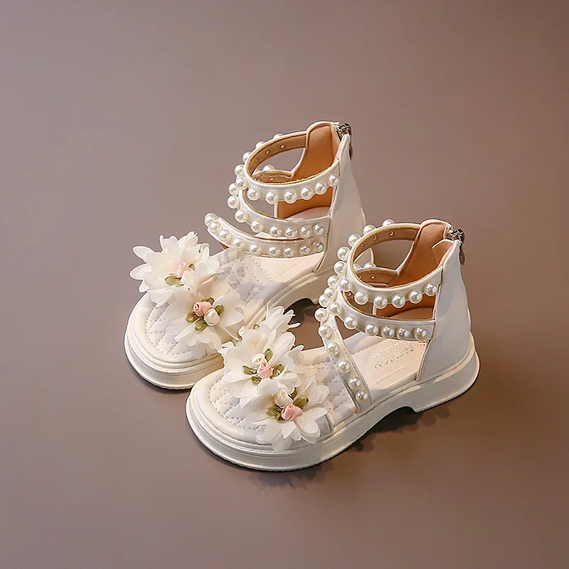 Girls' Sandals 2024 Summer New Flower Fairy Style Princess Shoes for party wedding show Fashion Soft Sole Elegant Beach Shoes