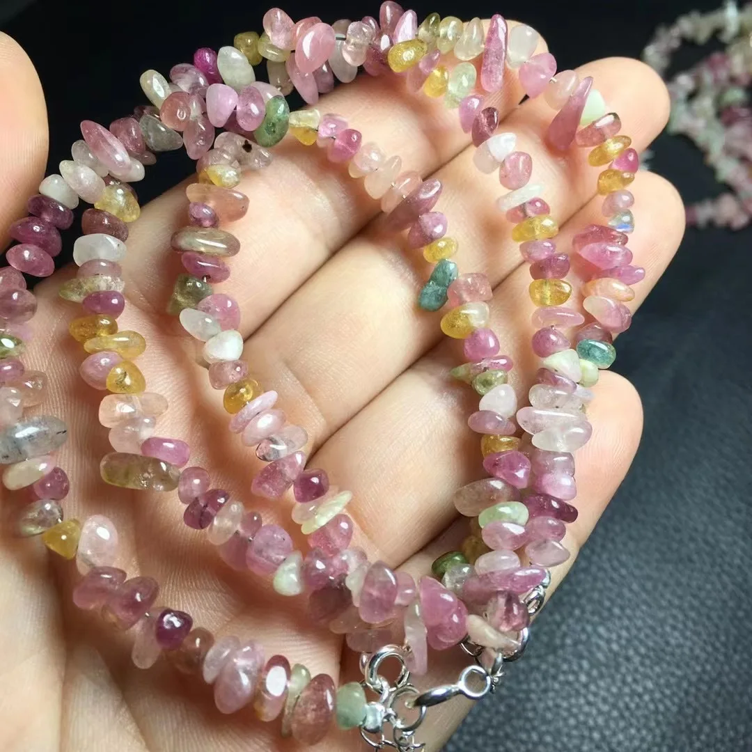 1 Pc Fengbaowu Natural Colorful Tourmaline Gravel Chips Chain Bracelet 925 Sterling Silver Crystal Healing Stone Jewelry Gift