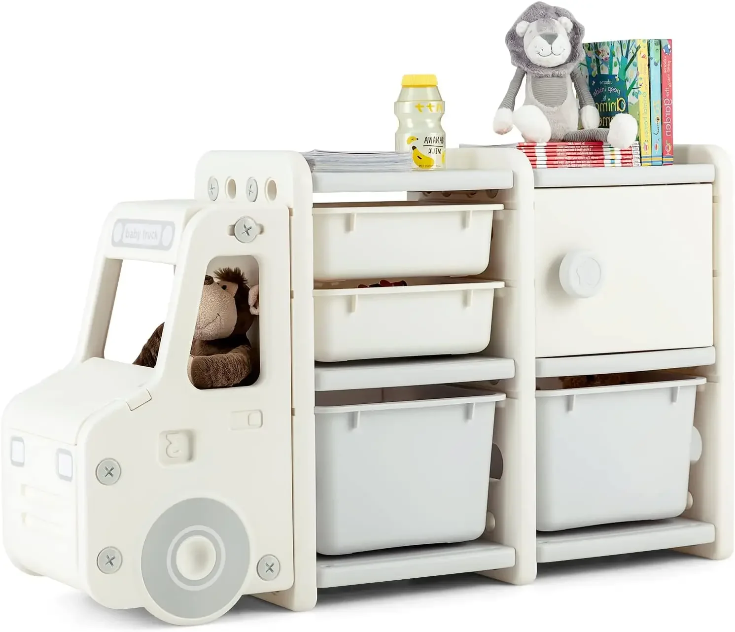 Storage Organizer, Shelf with with 2 Removable Bins, 2 Pull-Out Drawers, Enclosed Cabinet, Kids Bookshelf, Toy Organ