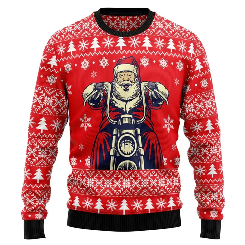 Sports Santa Claus Ugly Christmas Sweater Men's Bicycle Motorcycle Sportswear New Year Holiday Round Neck Hoodie Women's Pullove