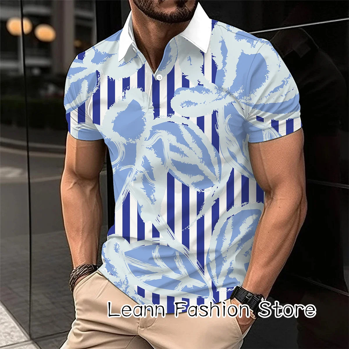 Summer Men Striped Floral Printing Polo Shirt Fashion Button Lapel Tops Tees Male Casual Polo Tshirt Daily Short Sleeve Clothing