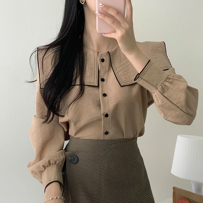 Csa de Mujer Vintage con Cuello de Muñeca, Bloques de Color, Manga Larga, Corte Hoado, Botón Único, Versátil, Moda Prima...