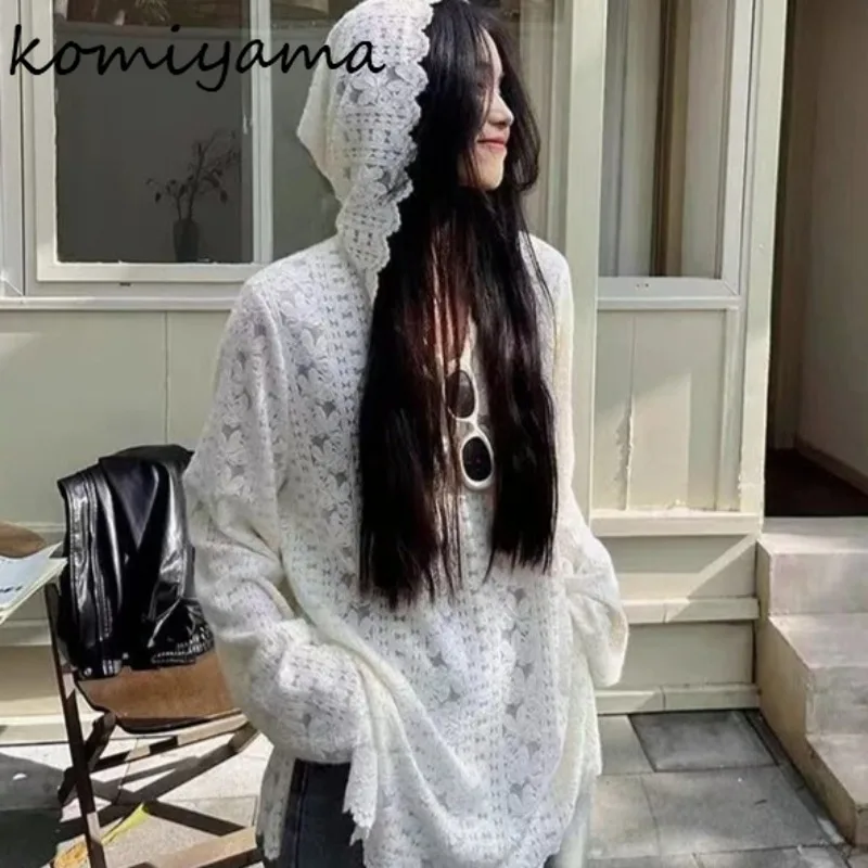 

Korean New Sun Protection Woman 2025 Shirts Blouses Lace Hooded Blusas Mujer Hollow Out Ropa Long Sleeve Clothing Y2K Camisas
