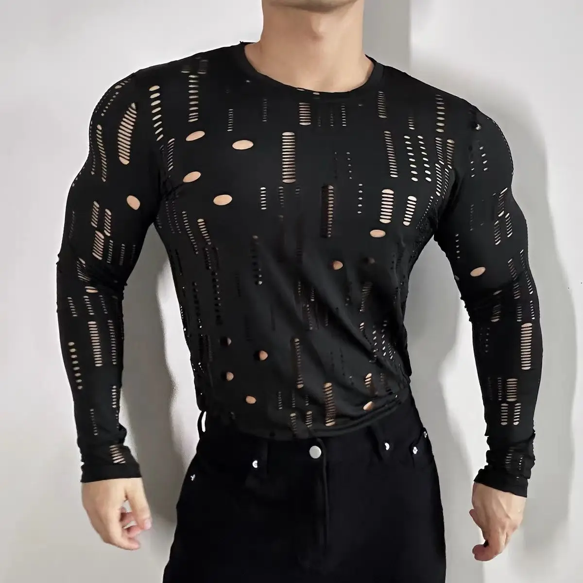 Original Design Personality Hollow out pole Tops Men Sexy Black Elastic long sleeve Shirt Stage show Dance Wear