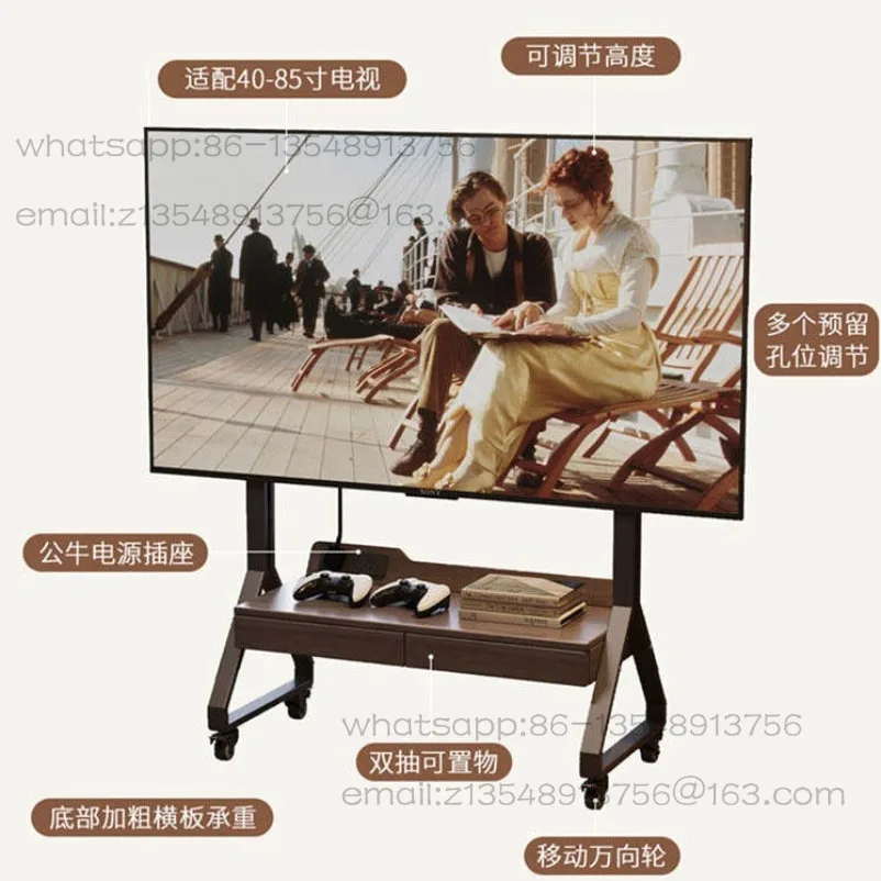 Cream wind solid wood removable TV stand with wheels living room home mobile TV cabinet bracket trolley
