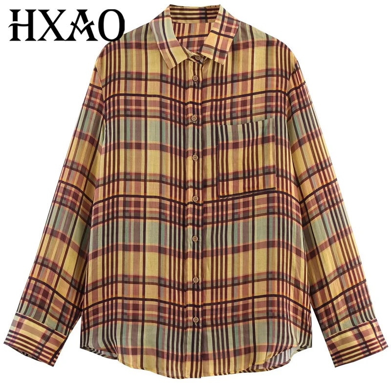 

HXAO Women's Plaid Shirt Autumn Korean Popular Shirts & Blouses Check Linen Large Size Tops Oversized Long Sleeve Button Blouses