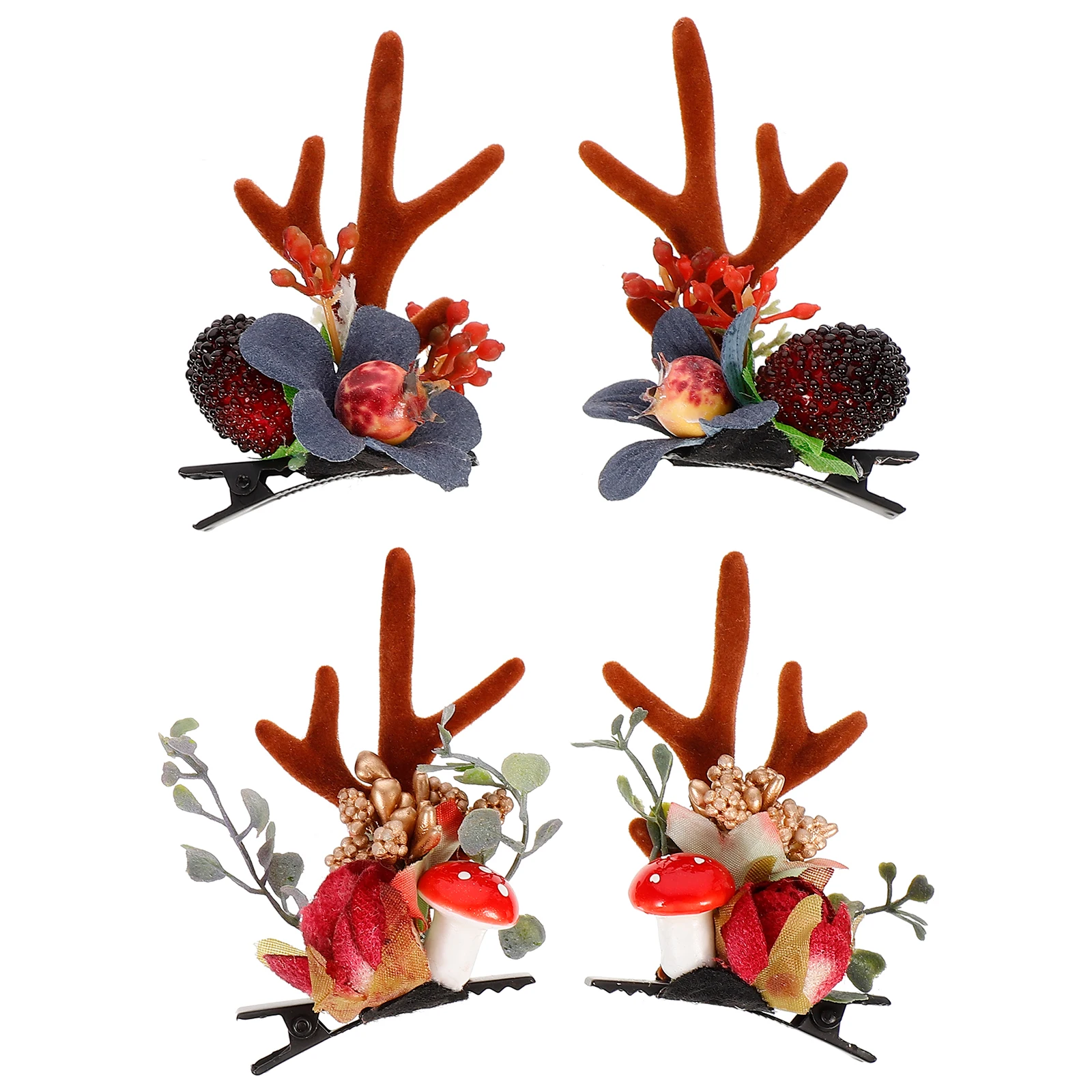 

2 Pairs Deer Antlers Flower Hair Clip Reindeer Berry Barrettes Women Cute Headdress Christmas Party Photography Props Everyday