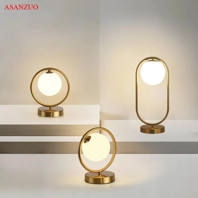 Brass LED Table Lamps galss lighting fixtures Bedside Reading Desk Lamp Bedroom Hotel Home Decor Round Ring Standing lamp