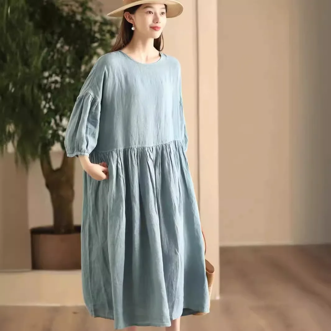 

SuperAen 2024 Vintage Linen Dress Lantern Sleeves High Waist Splicing Big Swing Oversize Dress