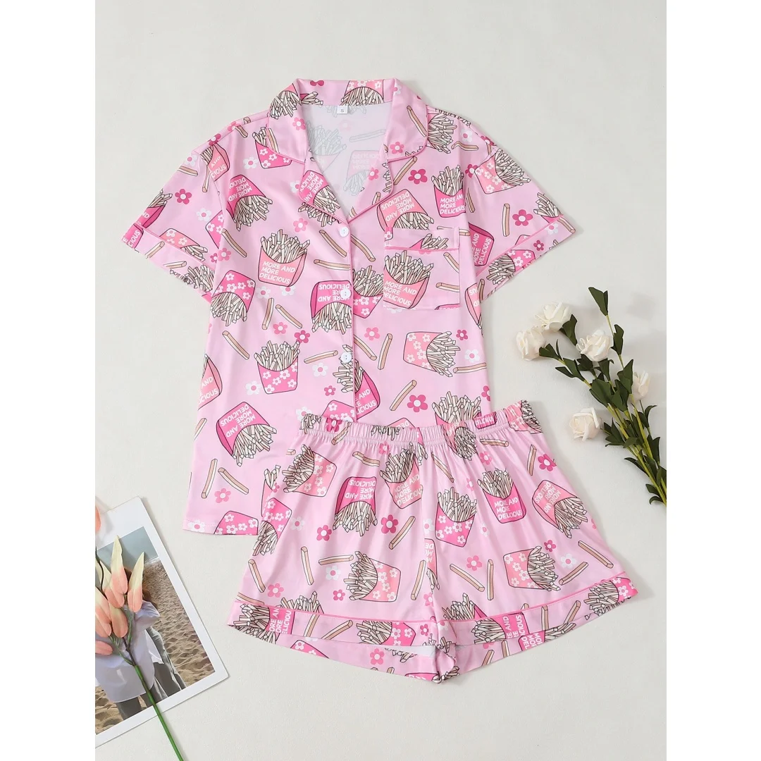 

Милый розовый женский пижамный комплект с принтом картофеля фри, с отложным воротником, короткими рукавами и шортами, летний подарок