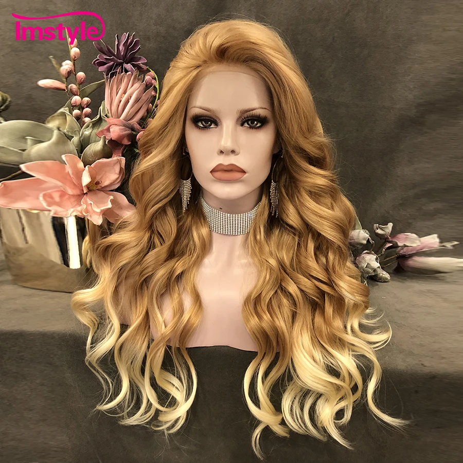 

Imstyle Ombre Blonde Wig Wavy Synthetic Lace Front Wig Two Tone Long Hair Heat Resistant Fiber Cosplay Wigs