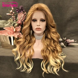 Imstyle-peluca rubia degradada de dos tonos, pelo largo ondulado con malla frontal, fibra resistente al calor, para Cosplay