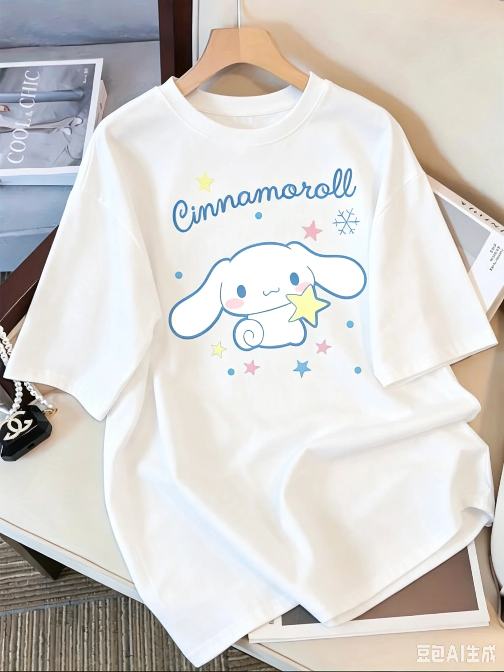 Cinnamoroll Star Printed Women's Kawaii Cartoon Short Sleeved T-shirt Summer Casual Top Y2k Ins