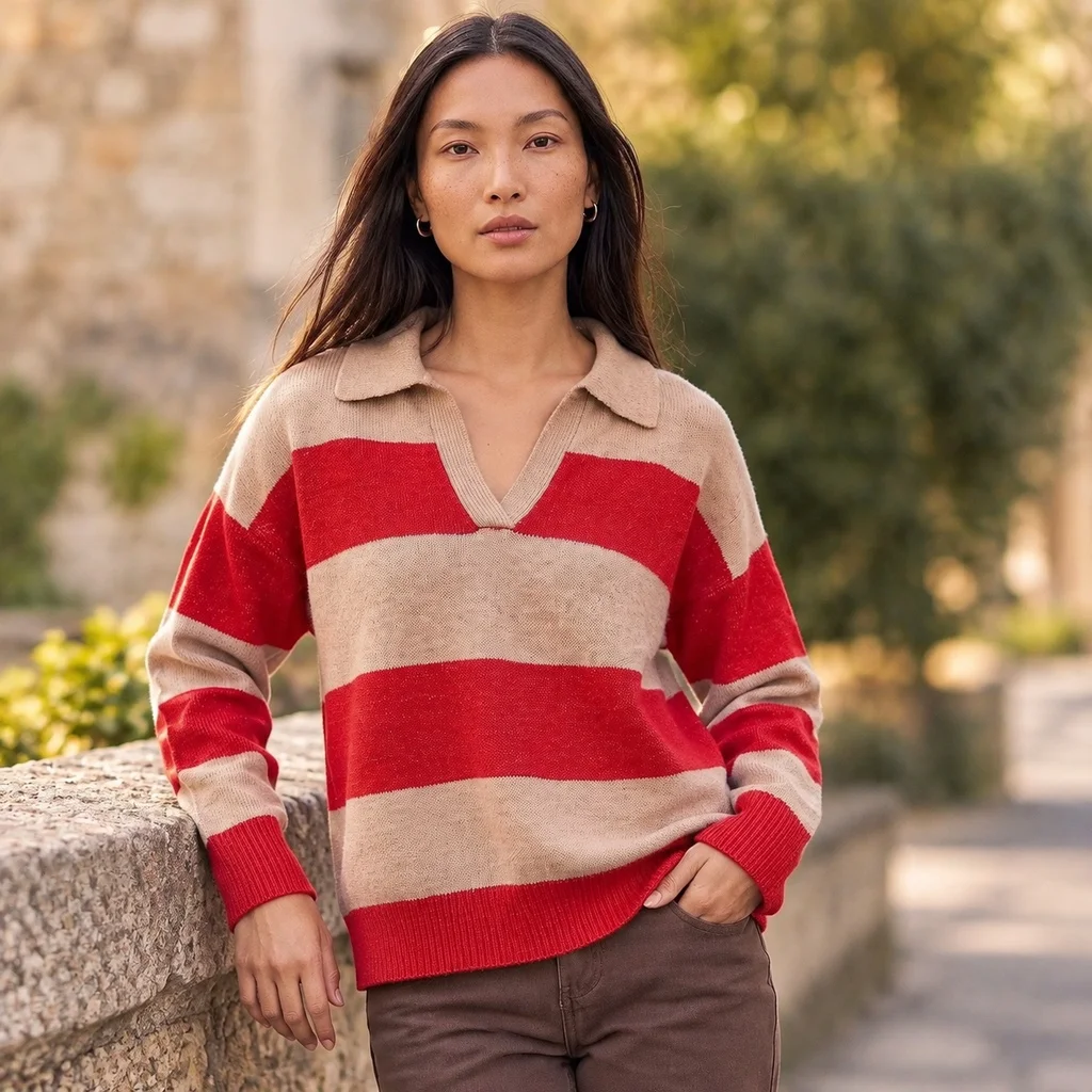 Striped Long Sleeve Top with Polo Collar Pullover Casual Medium Weight Regular Length Women Long Sleeve Shirts for Autumn