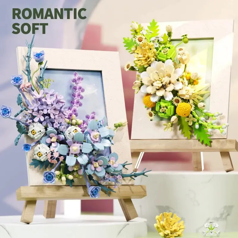 Bouquet Photo Frame Building Blocks Wooden Easel Flower Model Bricks Creative Desktop Decorations Adult Romantic Gifts Kids Toys