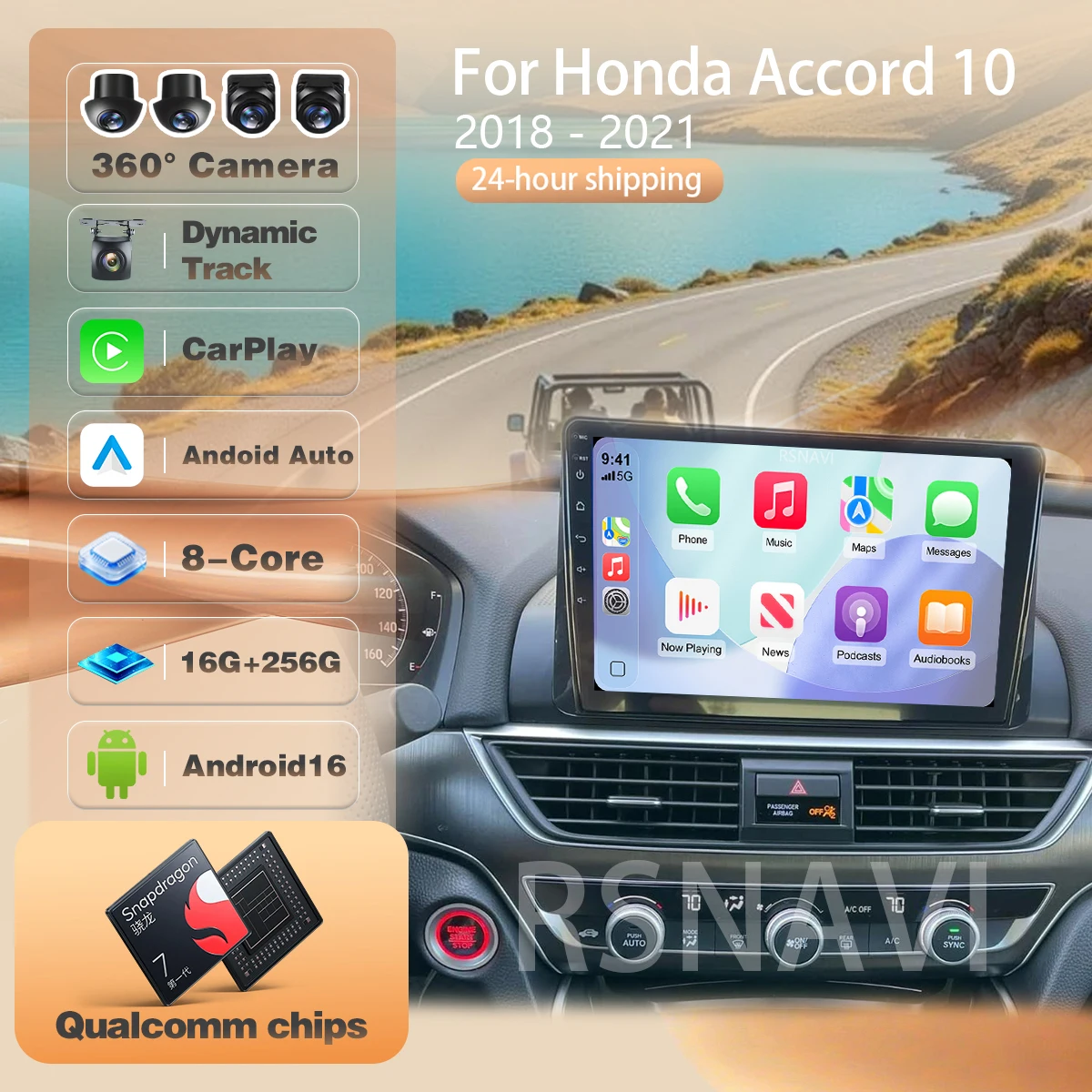 For Honda Accord 10 CV X 2017 - 2021 Carplay Auto Car Radio Multimedia Player 2K QLED Screen 2din Head Unit Android 16 DSP BT