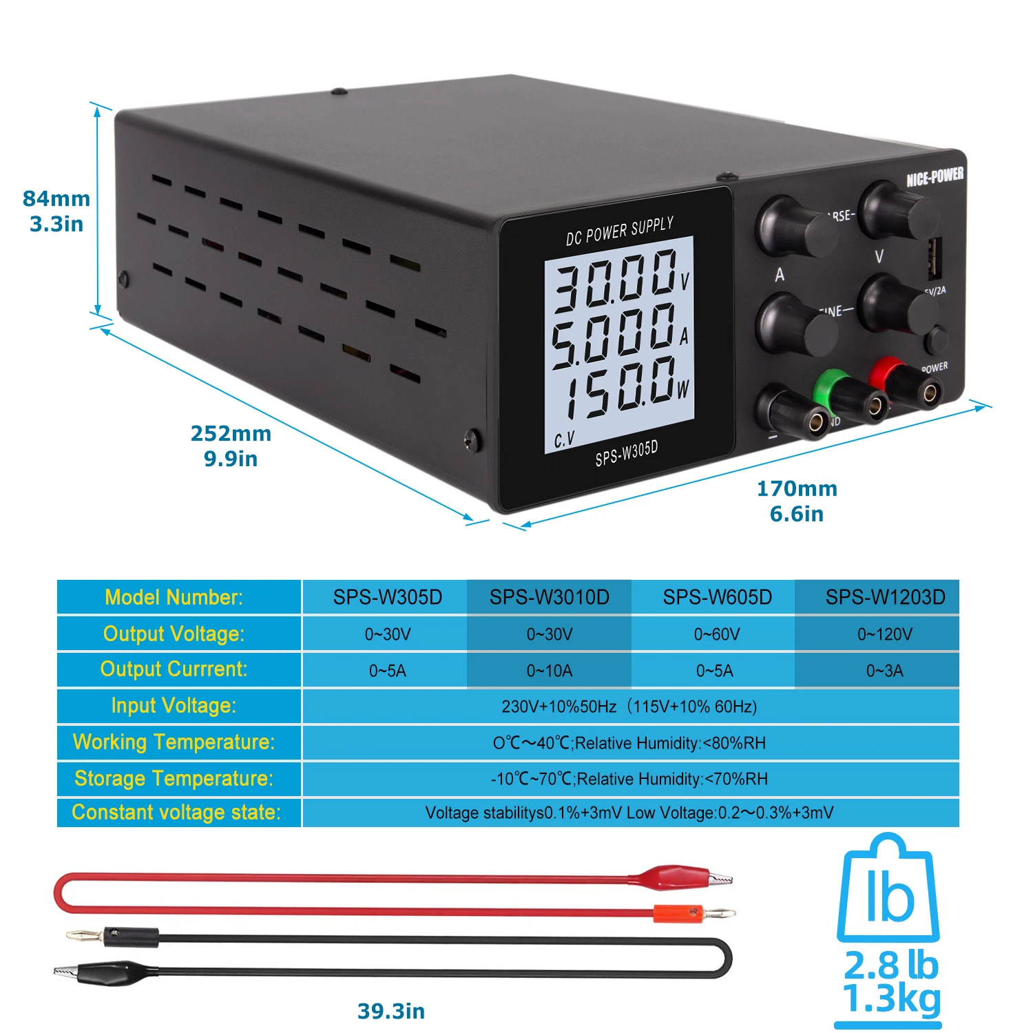 Factory Direct Sales SPS-W305D Regulated DC Power Supply 30V 5A 10A /120V 3A Adjustable Maintenance Switching Power Supply