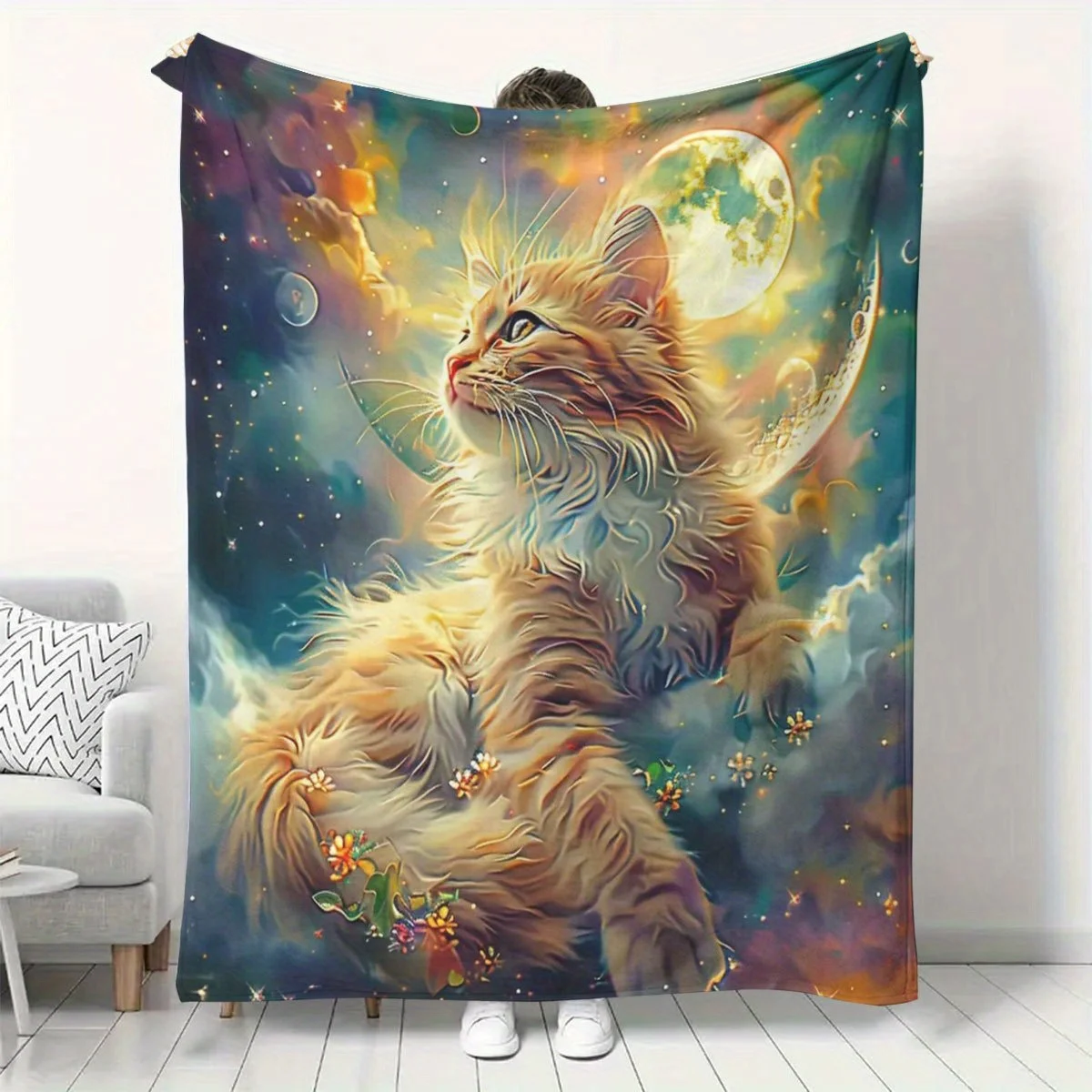 Custom Cat Blanket Galaxy Moon Star Fantasy Art Design Personalized Name Fleece Throw All Season Soft Warm Bedding Home Decor