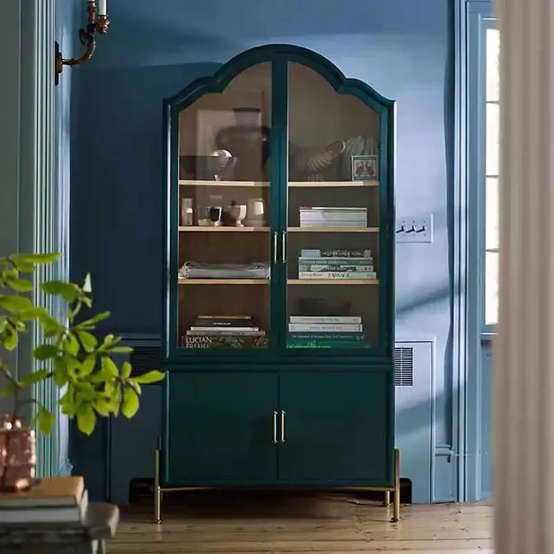 

yj21 Solid Wood French Retro Wine Cabinet Double Door Glass Sideboard Living Room Storage Display Sideboard