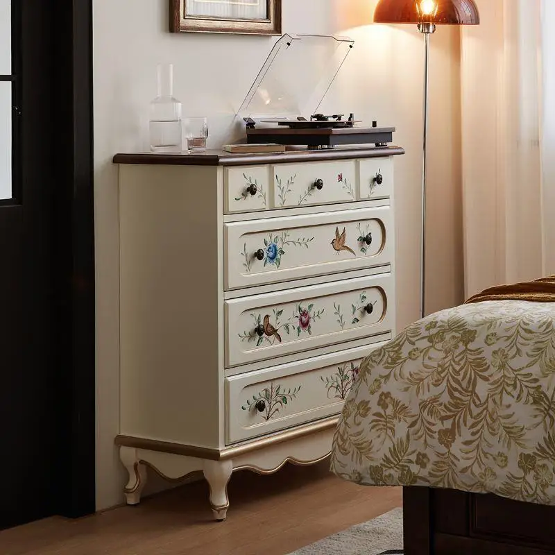 #Solid Wood 5-Drawer Chest with Painted Floral Patterns Vintage Light Luxury Rustic Pastoral Home Decor Storage