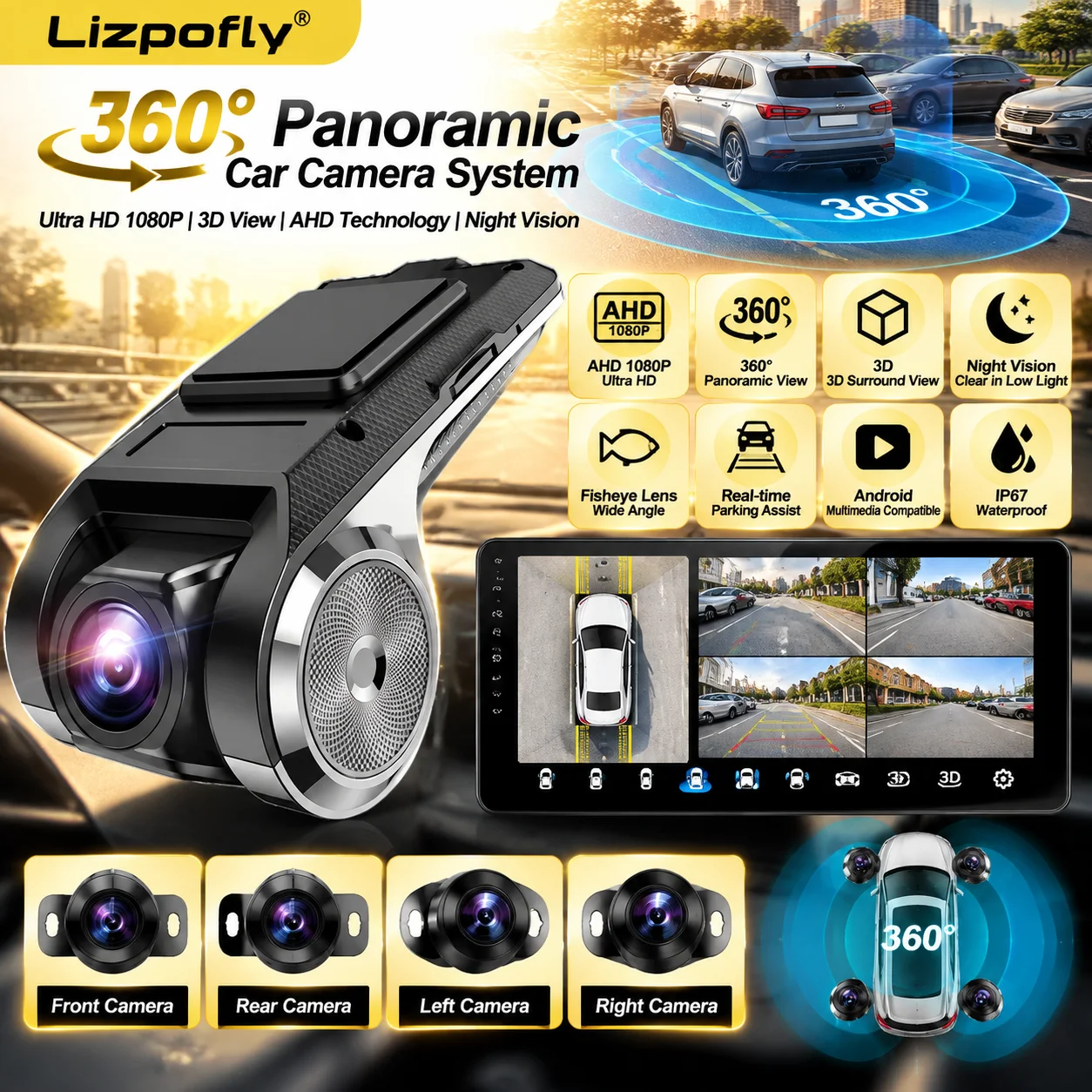 360 panoramic car camera ultra high definition 3D AHD1080P Android broadcast multimedia night vision goldfish eye lens