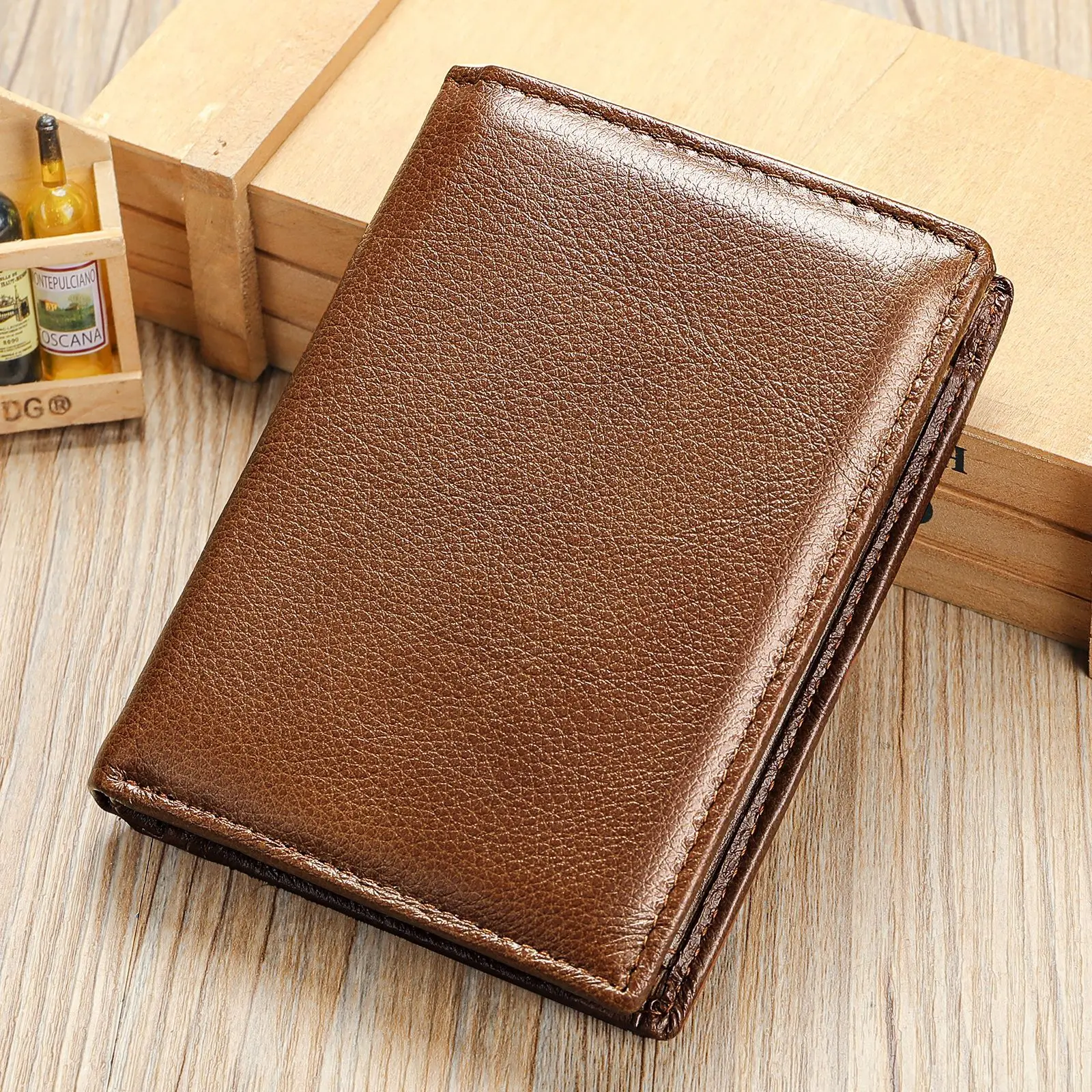 Men Genuine Leather Bifold Wallet Multi Card Holder With Photo Slots And Zipper Pocket RFID Blocking Business Commute Purse