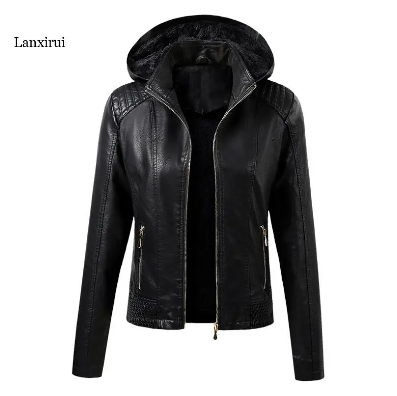 Faux Pu Leather Jackets Women Autumn Hooded Outerwear Pockets Zipper Coat Slim Biker Jacket Hoodies Plus Velvet