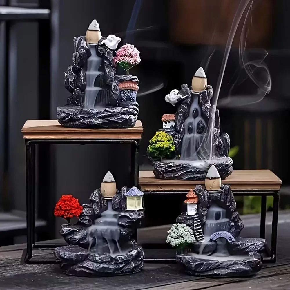 Quemador de incienso de cascada de montaña creativo único, quemador de incienso de cascada de resina de aromaterapia de reflujo, adorno de estatua, decoración del hogar, regalo de vacaciones, regalo perfecto para dar 1 ud.