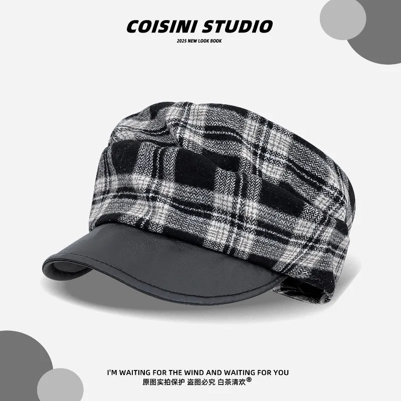 

New Retro Contrasting Color Plaid Splicing PU Leather Brim Painter Hats Women Autumn Winter Versatile Casual Literary Berets