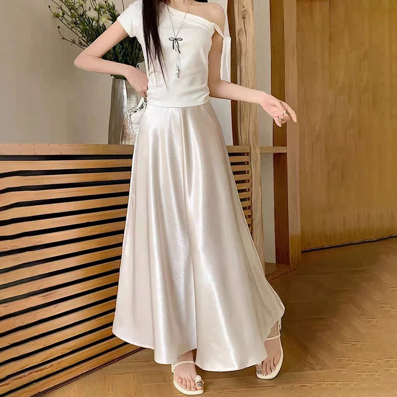 Champagne Satin Maxi Skirt for Women High Waist A-Line Flowy Long Skirt Elastic Waist Midi Skirt Elegant Party Evening Skirt