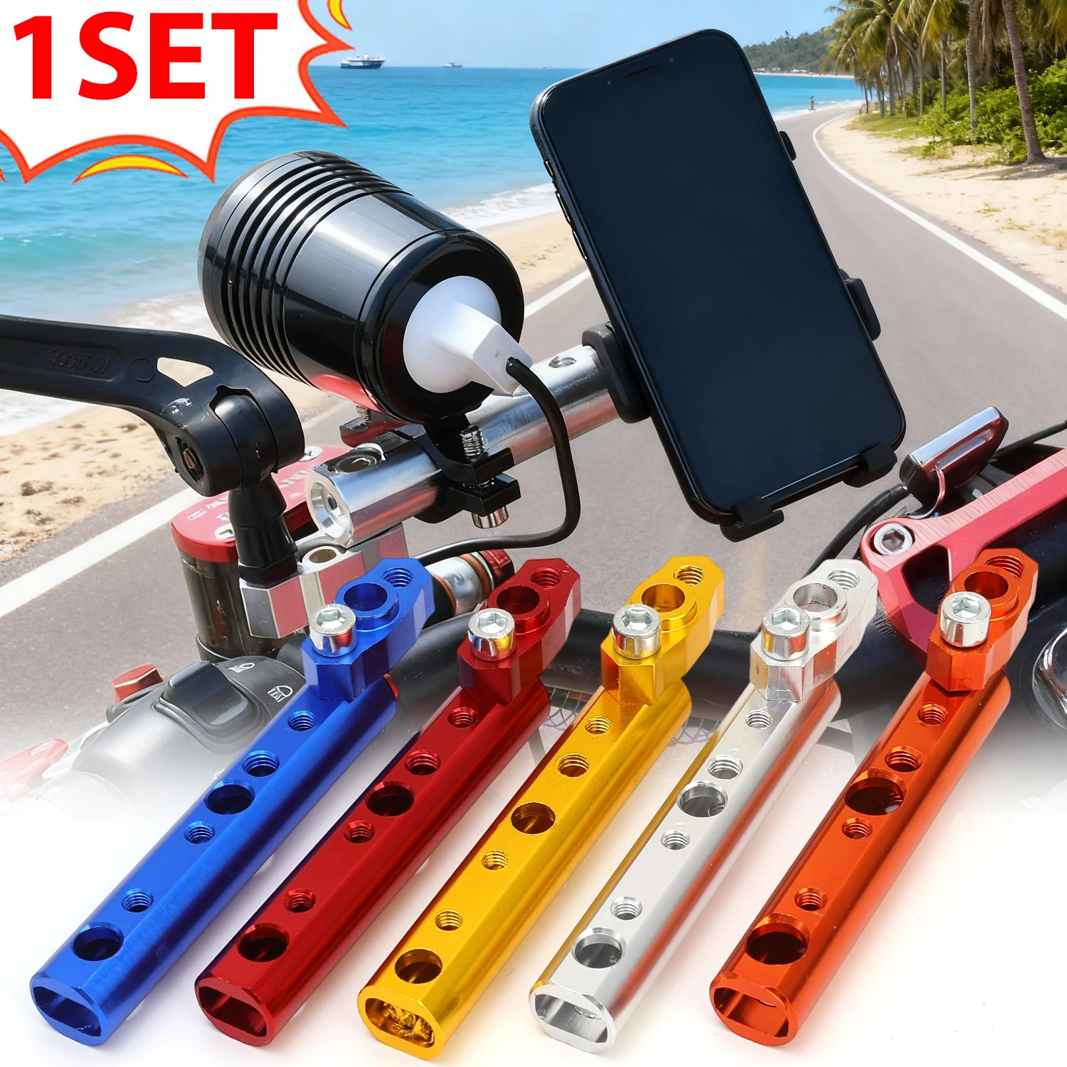 

Aluminum Mirror Mount Extension Bracket for Spotlight Cell Phone Holder Motorcycle Multi-functional Extension Bar 1set