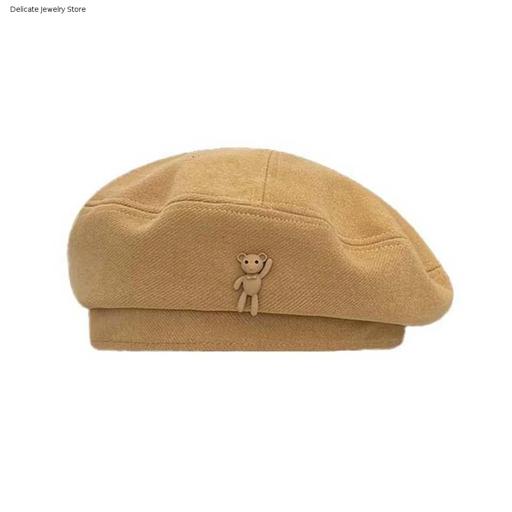 Soft Vintage Beret Hat Classic Color Heart Decor Cartoon Bear Cap Exquisite Lightweight Newsboy Octagonal Hat Street Photography
