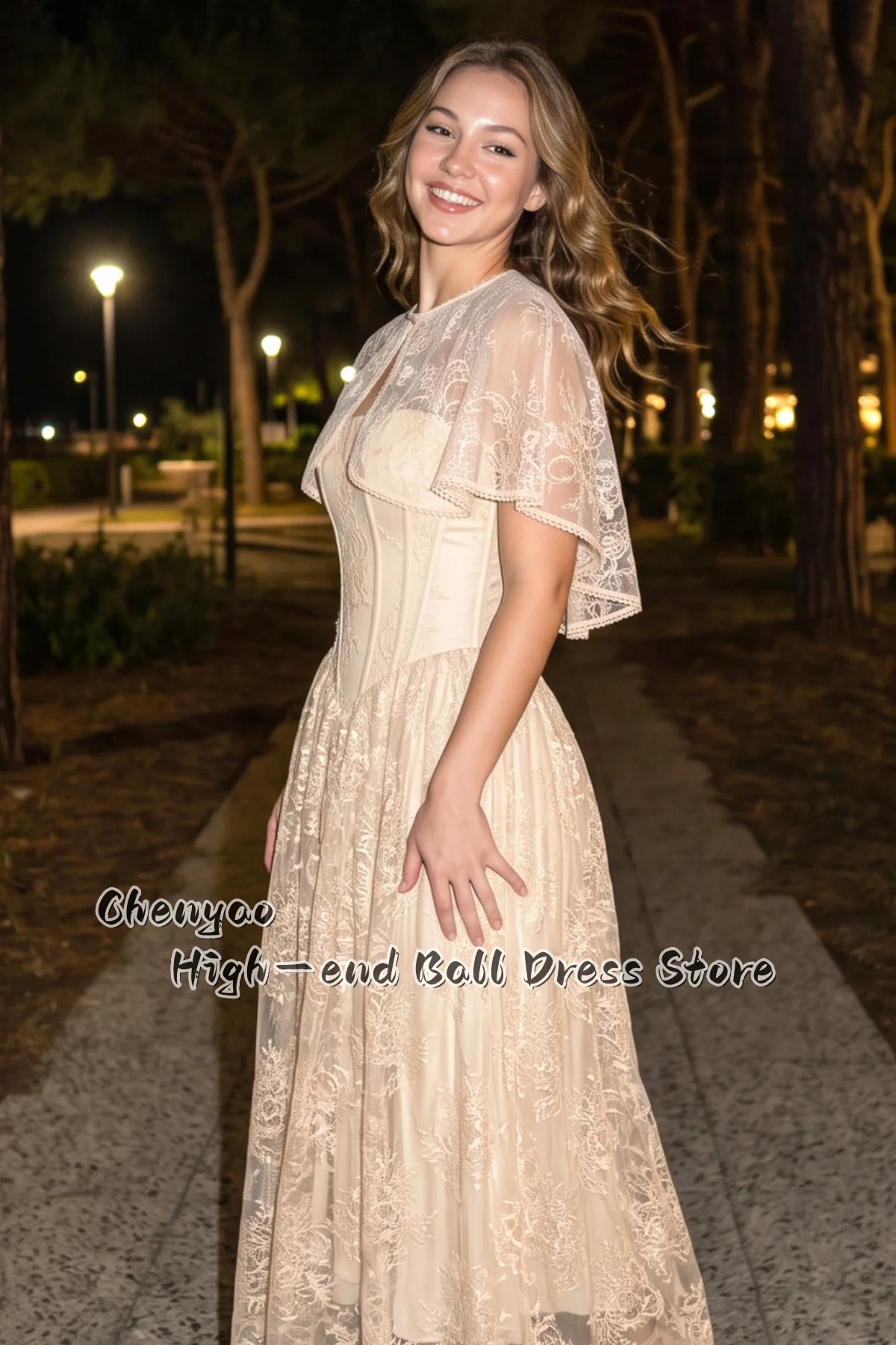 Elegent Delicate Lace Prom Dress Customized Lace Capelet Corset Bodice A Line Floor Length Formal Evening Wedding Paarty Gown