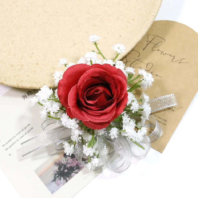 Boutonniere y Corsag de muñeca, suministros de boda, flor de boda, arte de simulación, celebración de negocios, invitados de apertura, rojo, 476