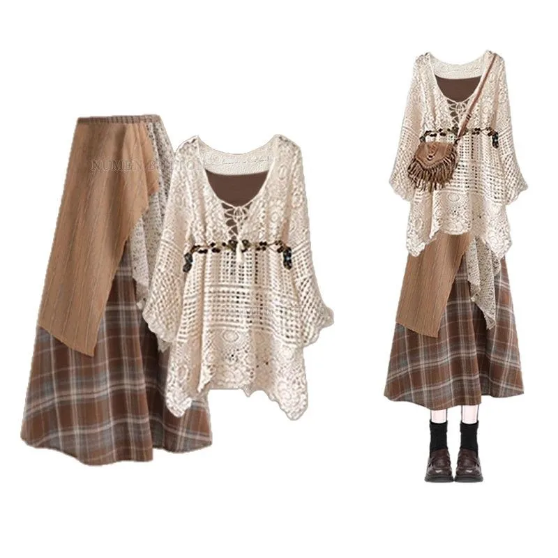 Spring and Autumn New Korean Version Dopamine Drawstring Shirt for Women+vest+irregular Skirt Three Piece Set
