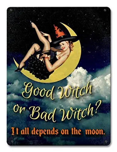 Good Witch or Bad Witch?, Witch Pin Up, Broomsticks Vintage Halloween Decor Inspired Metal Sign 8X12 Inches Wall Art Signs