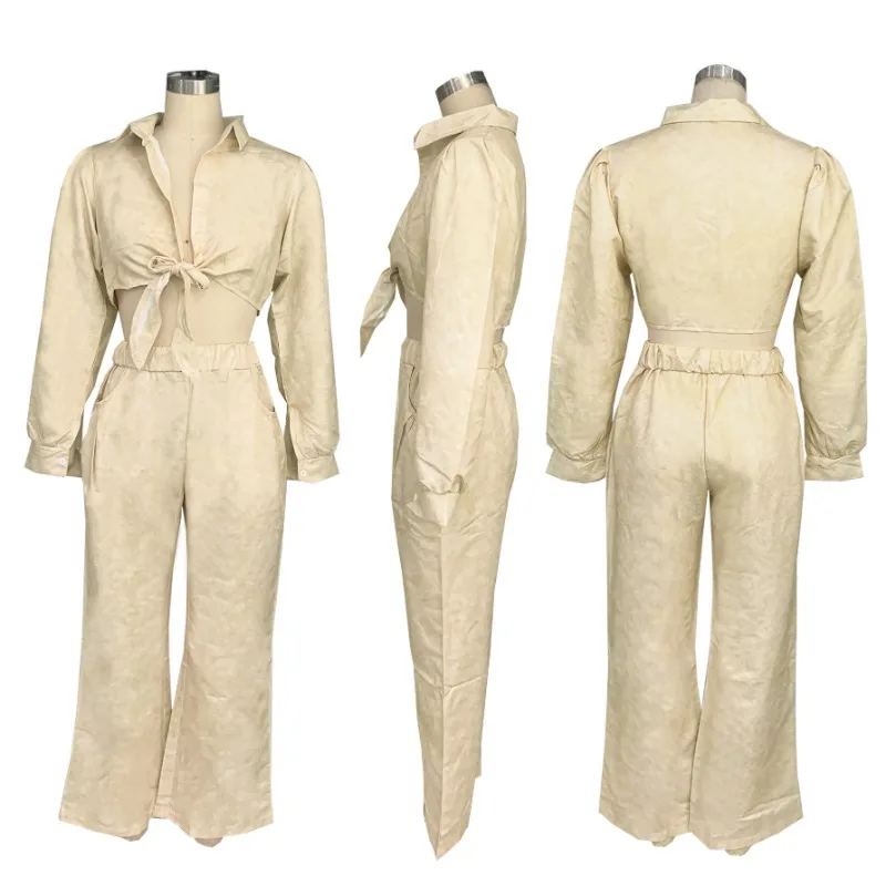 أطقم ملابس فضفاضة تناسب ملابس الشارع للنساء مكونة من قطعتين قميص علوي برباط لحفلات النادي وسراويل واسعة الساق أنيقة