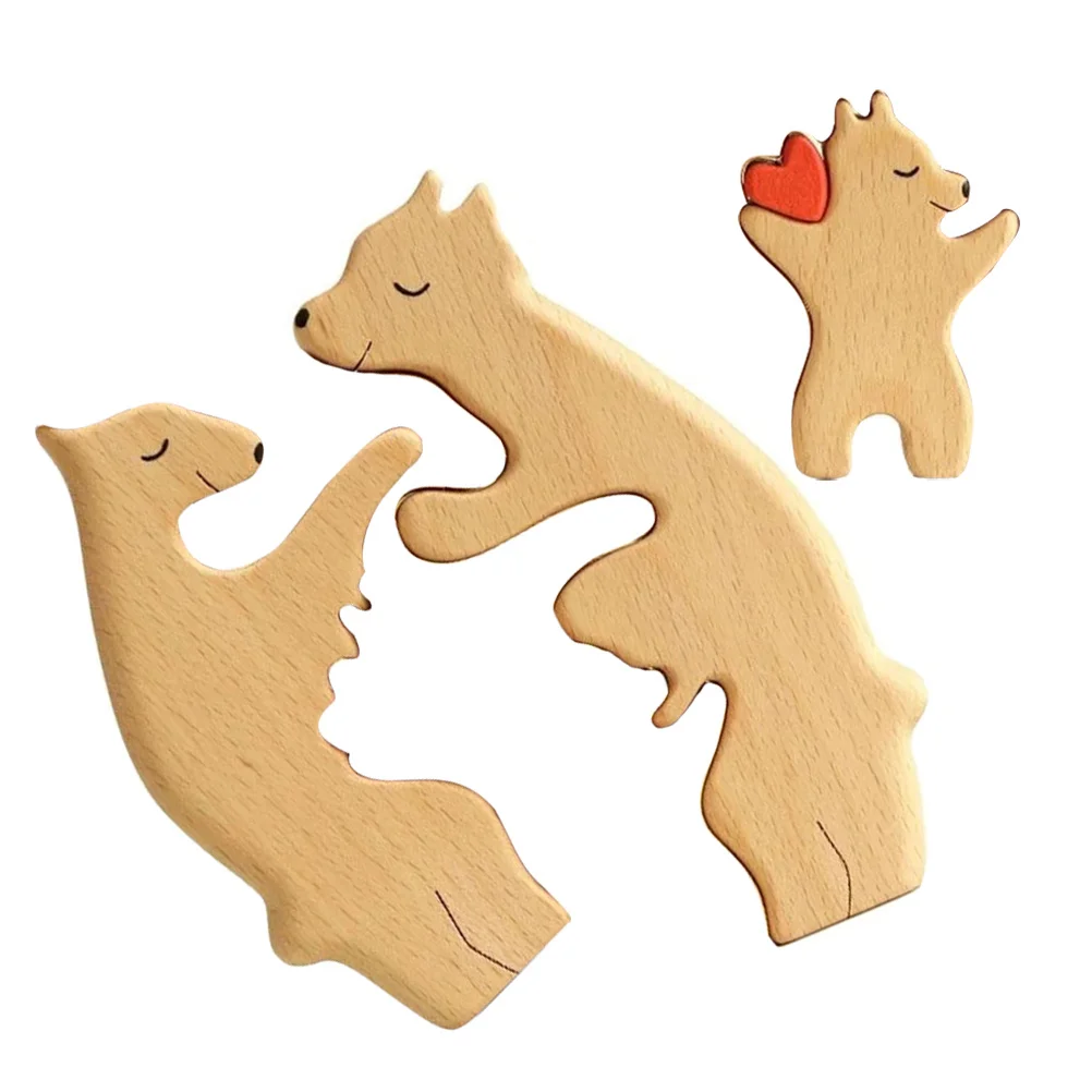 3pcs Patung Dekoratif Beruang Kayu Ibu dan Bayi untuk Meja Dekorasi Rumah, Kerajinan Hewan, Ornamen Meja