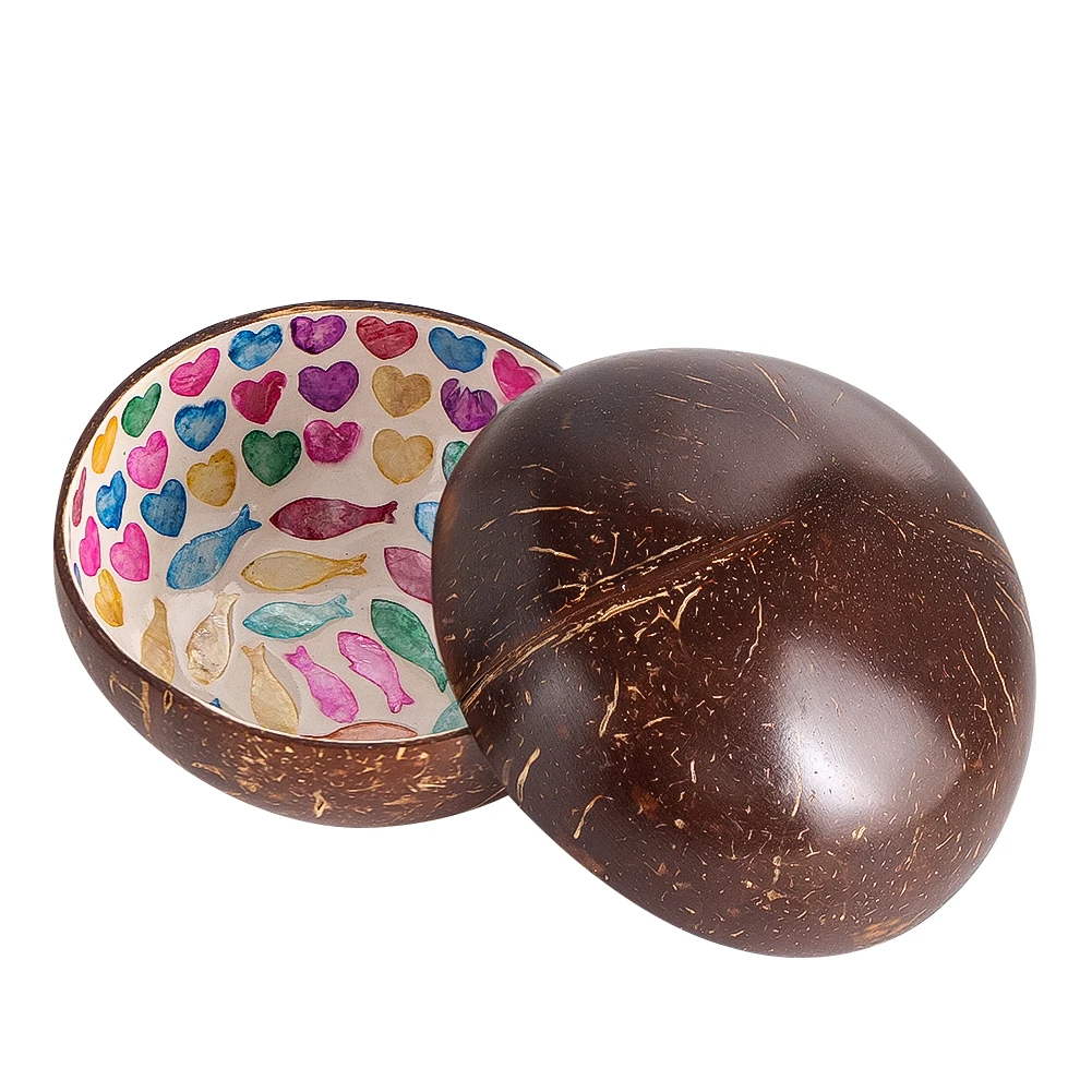 Natural Coconut Bowls Mother of Pearl Inlay Colorful Heart Fish Painted Shell Salad Serving Bowls Storage Containers Plant Pot