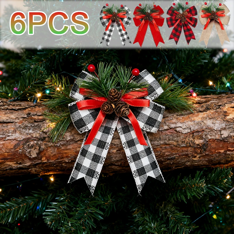 

6PCS Christmas Bow Set with Pine Cones Ribbon Checkered Bow for Tree Wreath Xmas Party DIY Indoor Outdoor Craft Decora Gift