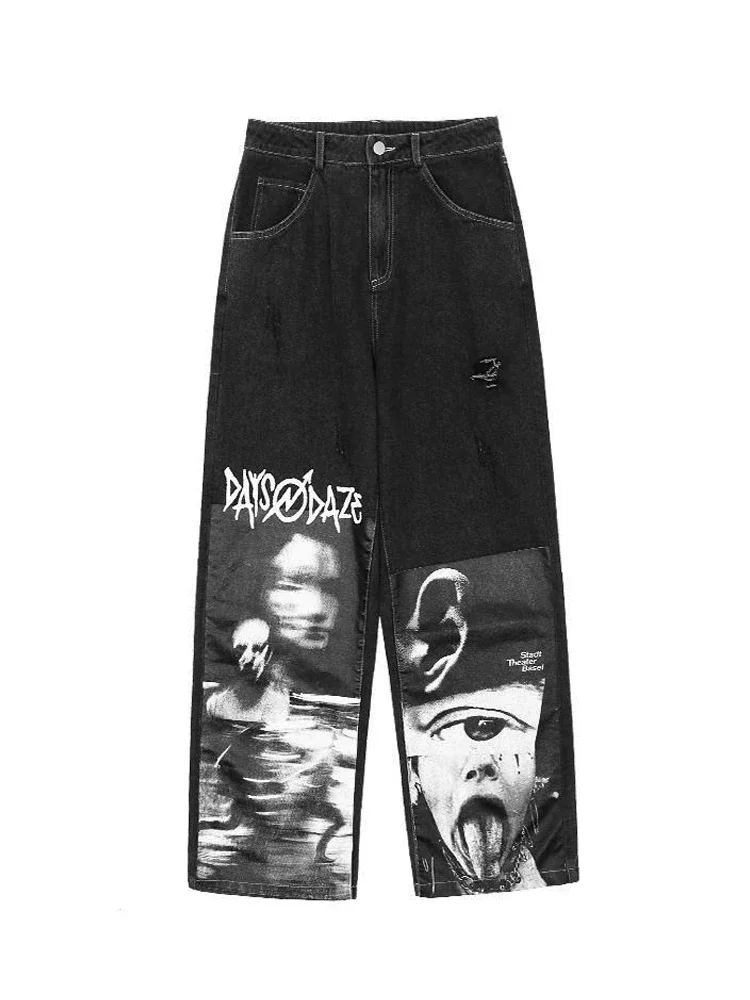 Deeptown Gothic jeansy luźne kobiety Punk hipis Y2K nadruk spodnie z szerokimi nogawkami Vintage Harajuku Grunge spodnie dżinsowe Streetwear z lat 90