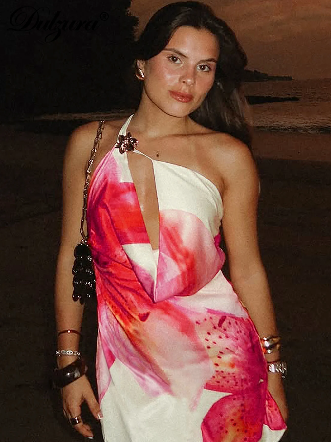 Dulzura Sukienka Mini na Ramiączkach z Kwiatowym Nadrukiem, Bez Rękawów, z Odkrytymi Plecami, Obcisła, Seksowna, Elegancka, Codzienna, Krótka Sukienka na Imprezę, do Klubu