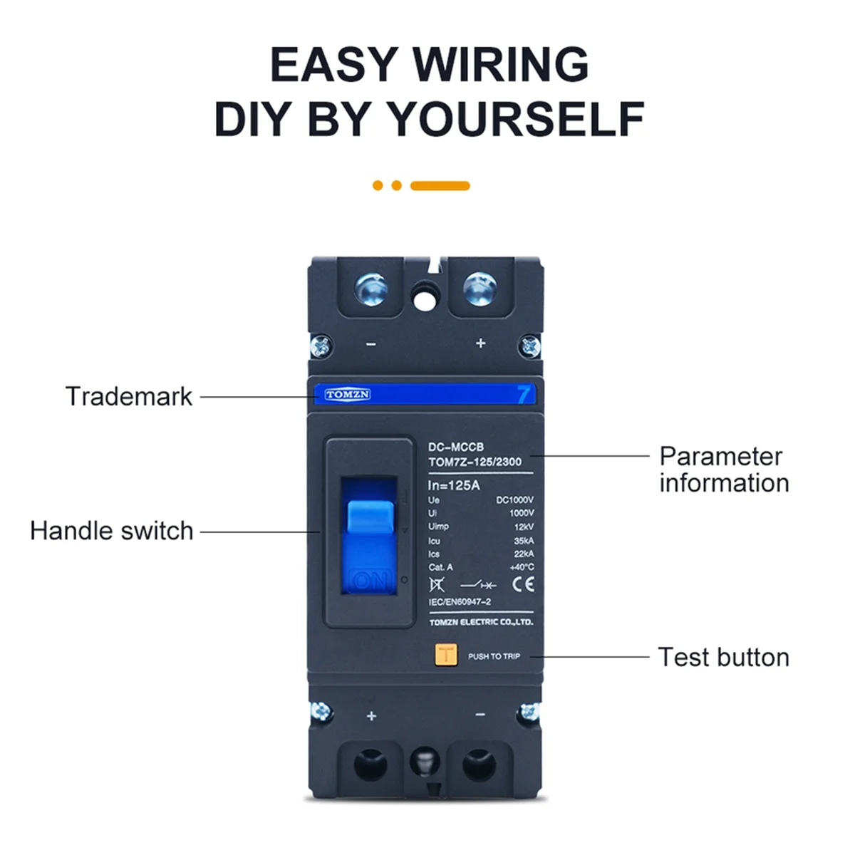 TOMZN 2P DC 1000V Solar Molded Case Circuit Breaker MCCB Overload Protection Switch Protector for Solar Photovoltaic PV,125A