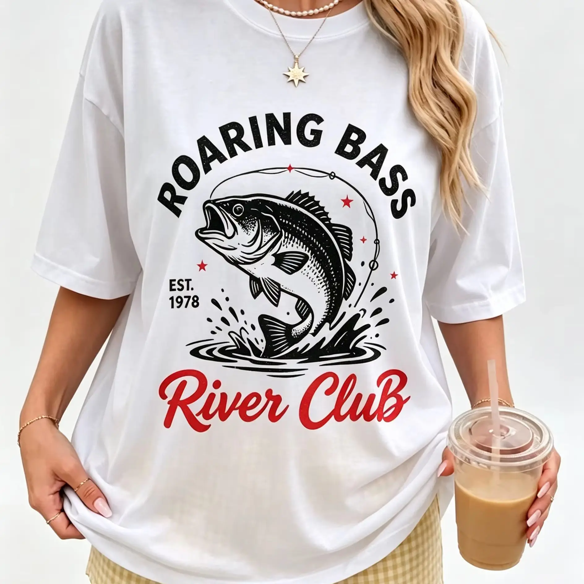 Women's Roaring Bass River Club Jumping Bass Fishing Graphic T Shirt Vintage Angling Sport Short Sleeve Casual Tee