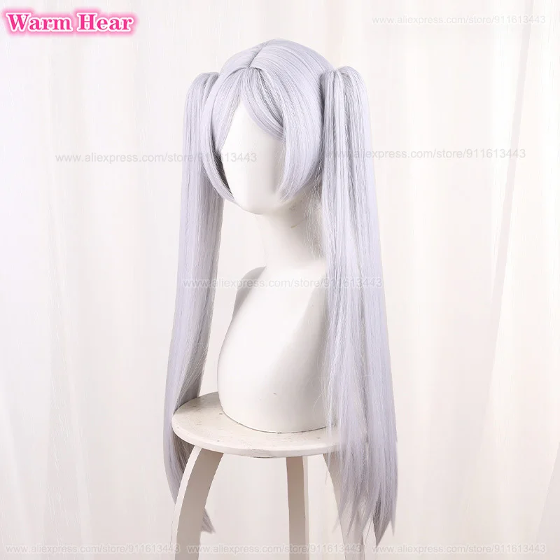 Anime Synthetic Hair Frieren Cosplay Wig 65cm Long Silver White Double Ponytails Wig With Ear Heat Resistant Fibre Wigs +Wig Cap