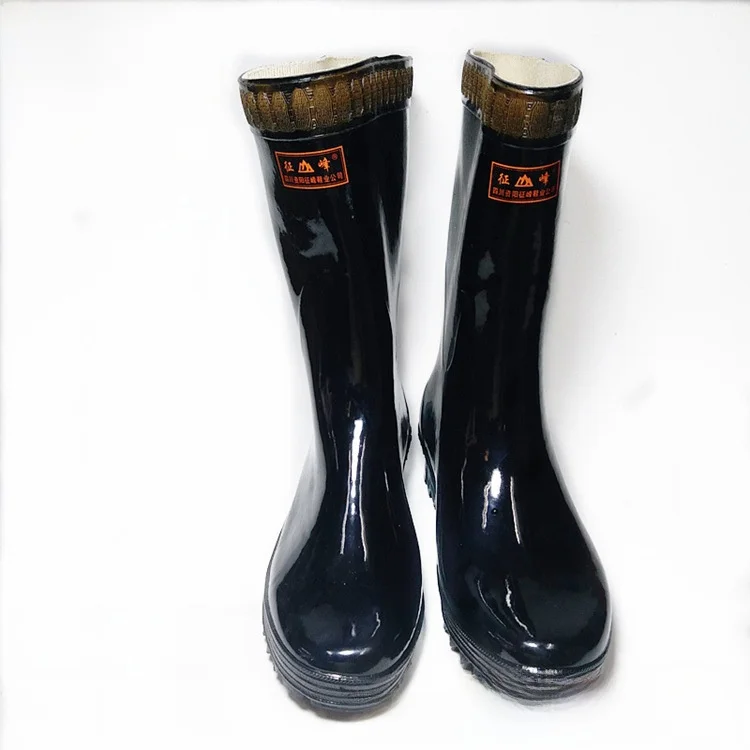 

Women's Black Rubber Rain Boots Mid-Calf Thick Bottom Canvas Inner Waterproof Boots Durable Tread for Country Use